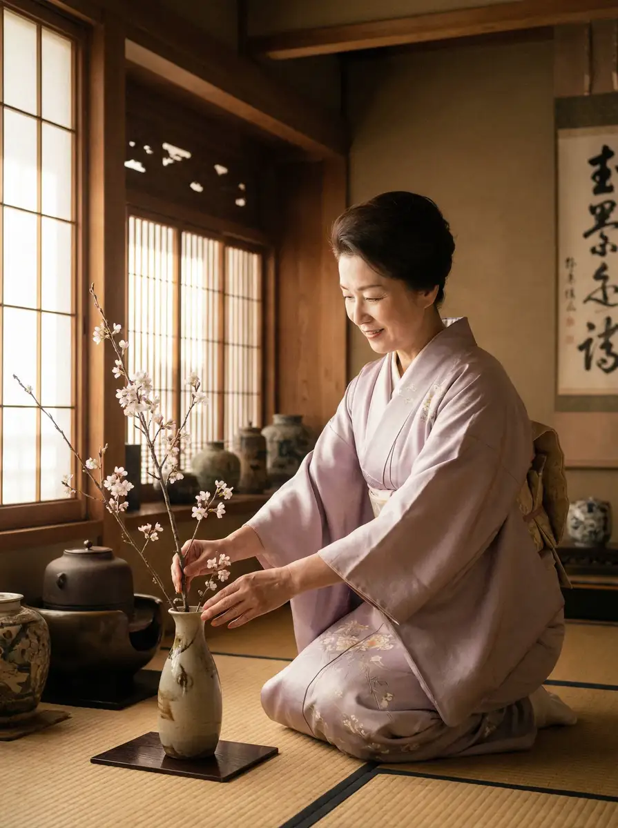 一位优雅的 摩尔庄园白白鲸在哪钓 在和室中插花